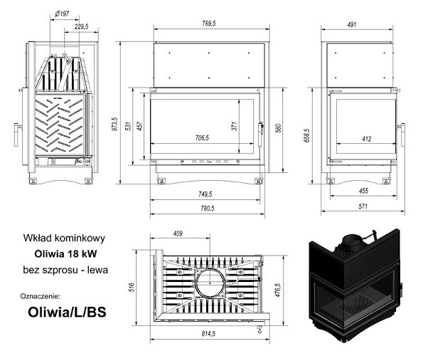 купить топка oliwia/l/bs, г-образное стекло слева