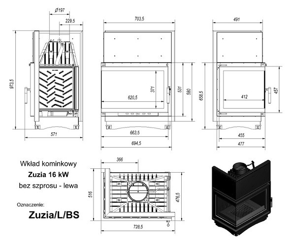 купить топка zuzia/l/bs, г-образное стекло слева
