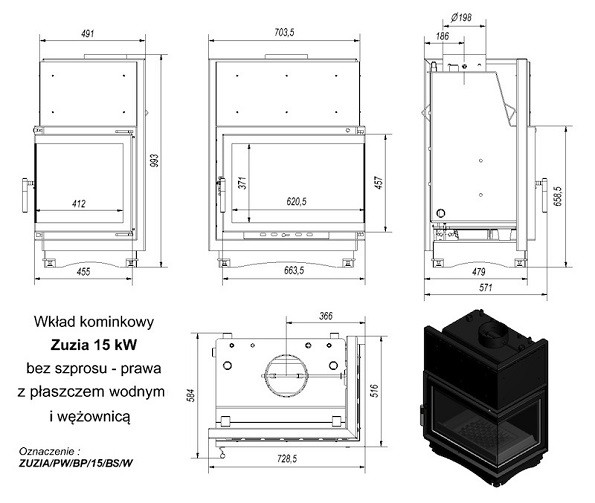 купить топка с водяным контуром zuzia/pw/bp/15/bs/w, г-образное стекло справа, змеевик