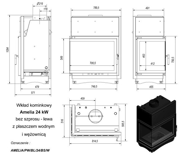 купить топка с водяным контуром amelia/pw/bl/24/bs/w, г-образное стекло слева, змеевик